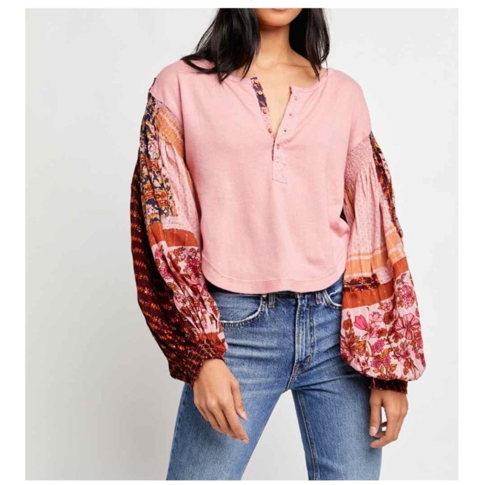 Free People Light Magic Henley Top with Printed Balloon Sleeves